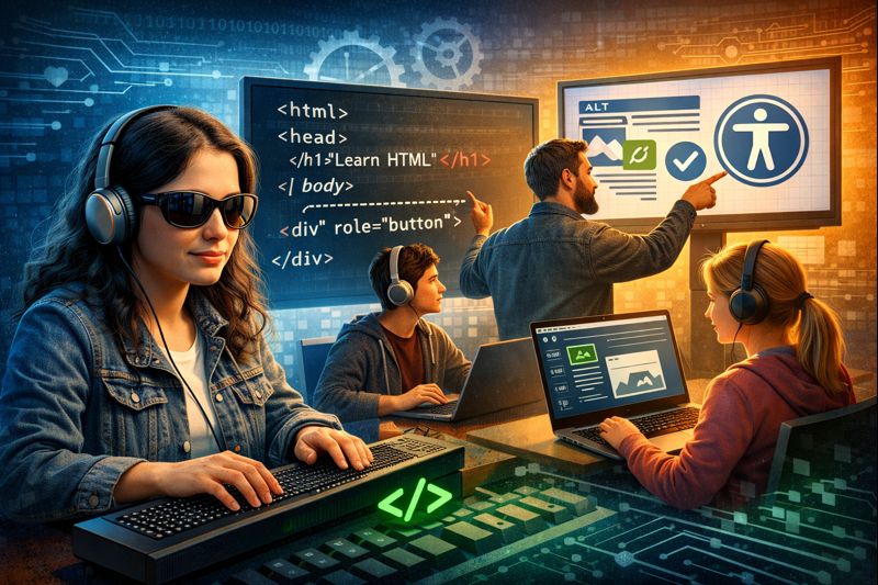 Personas ciegas aprendiendo programación HTML y accesibilidad web en un entorno educativo inclusivo.